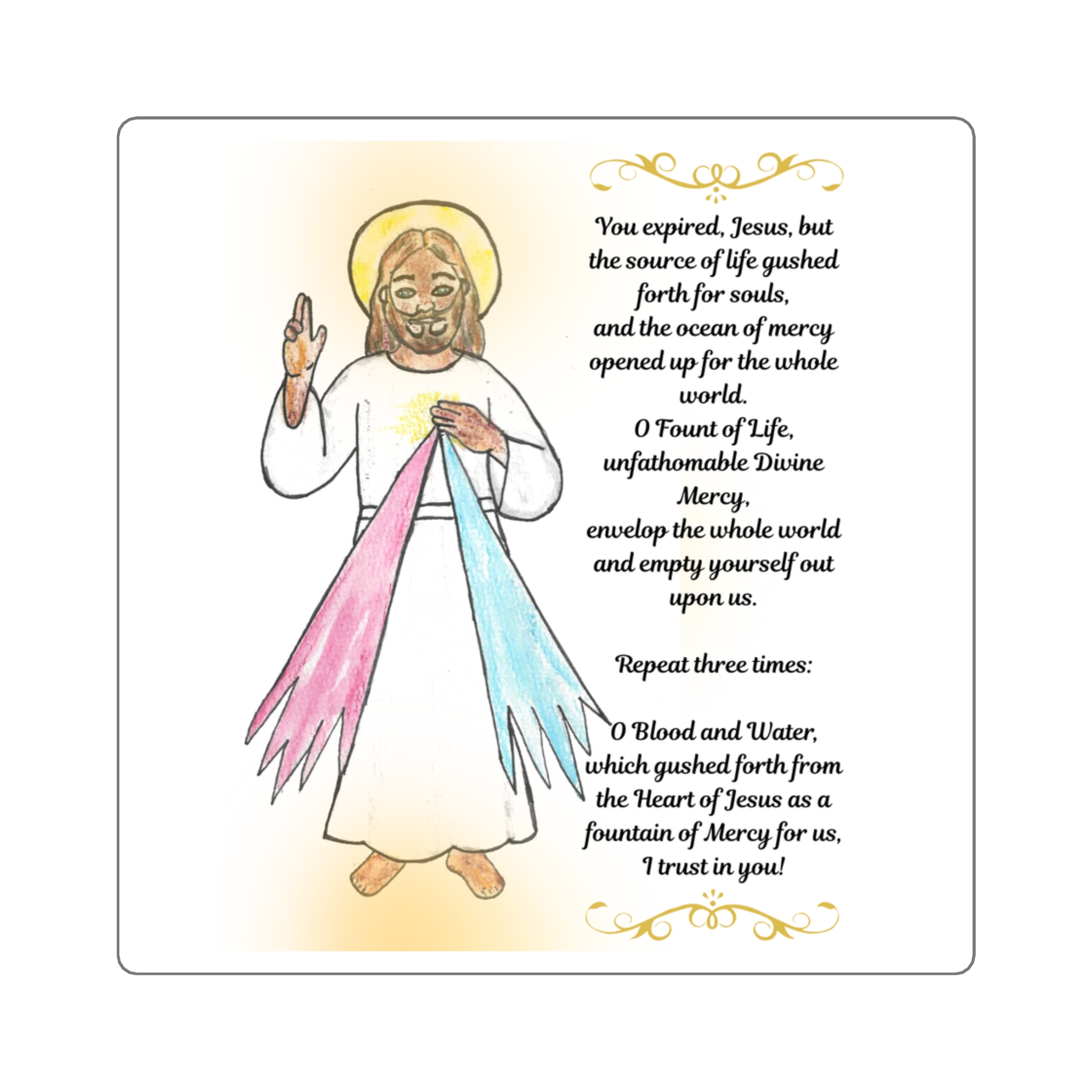 Divine Mercy Jesus 3 o' Clock Prayer Square Sticker — Prayer Verse Devotional Sticker