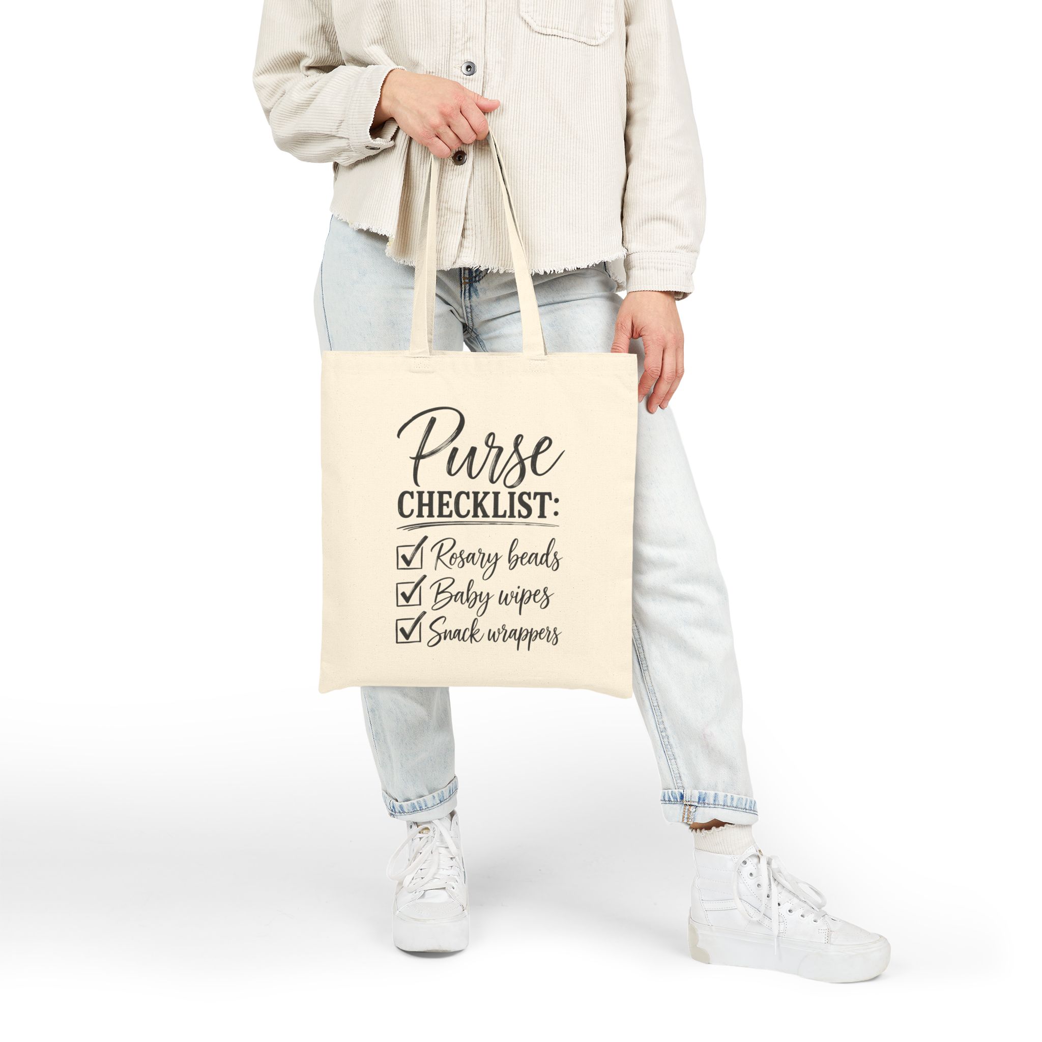 Tote Bag — "Purse Checklist: Rosary beads, Baby wipes, Snack wrappers" Cotton Canvas Tote - Image 2