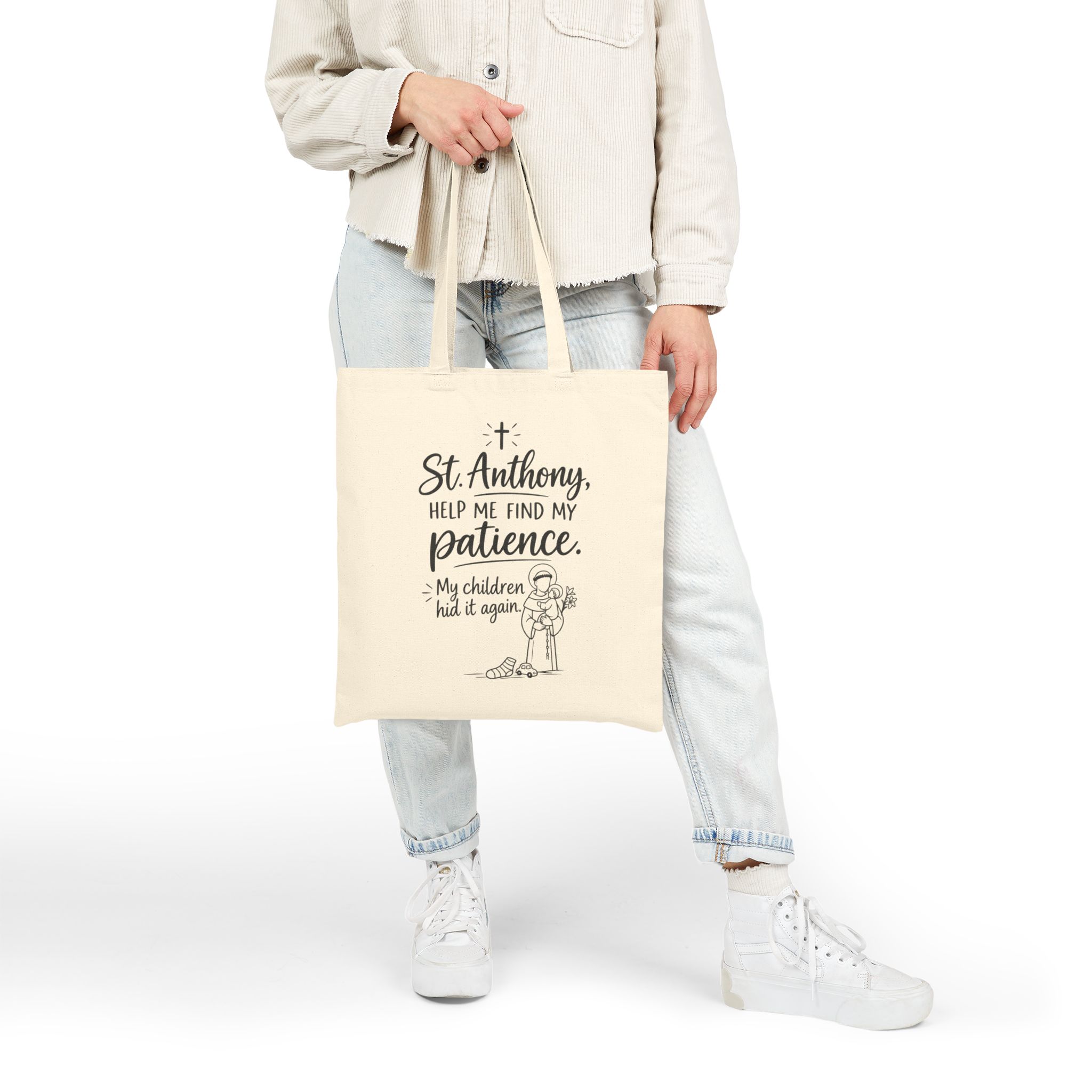 Tote Bag — "St. Anthony, Help Me Find My Patience" Cotton Canvas Shopper - Image 2