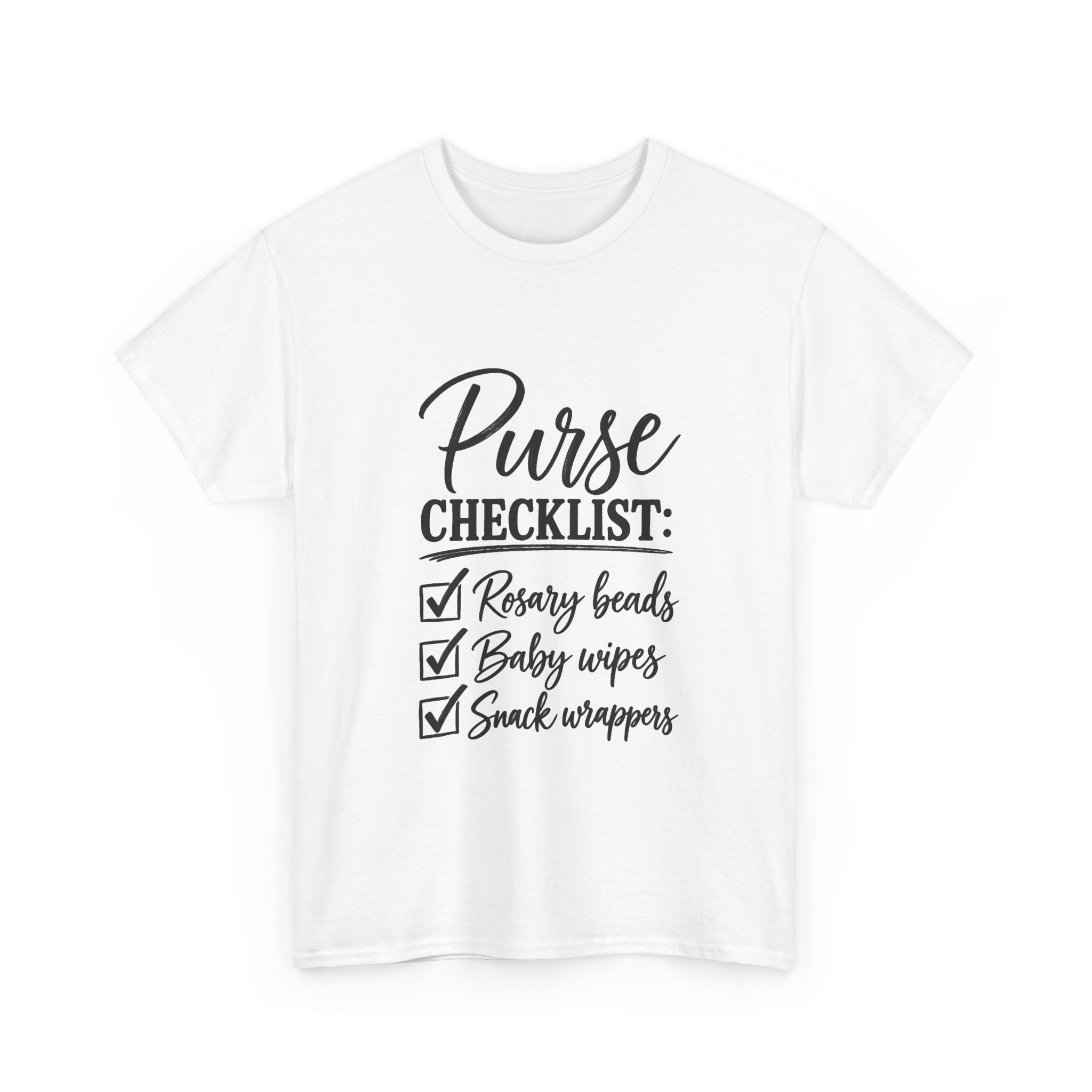 T-Shirt — "The Catholic Purse Checklist: Rosary Beads, Baby Wipes, Snack Wrappers" - Image 2
