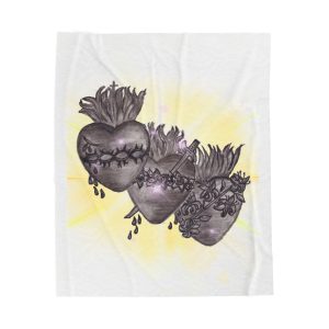 Jesus, Mary, Joseph Hearts Velveteen Plush Blanket — Hand-Drawn Devotional Hearts Design