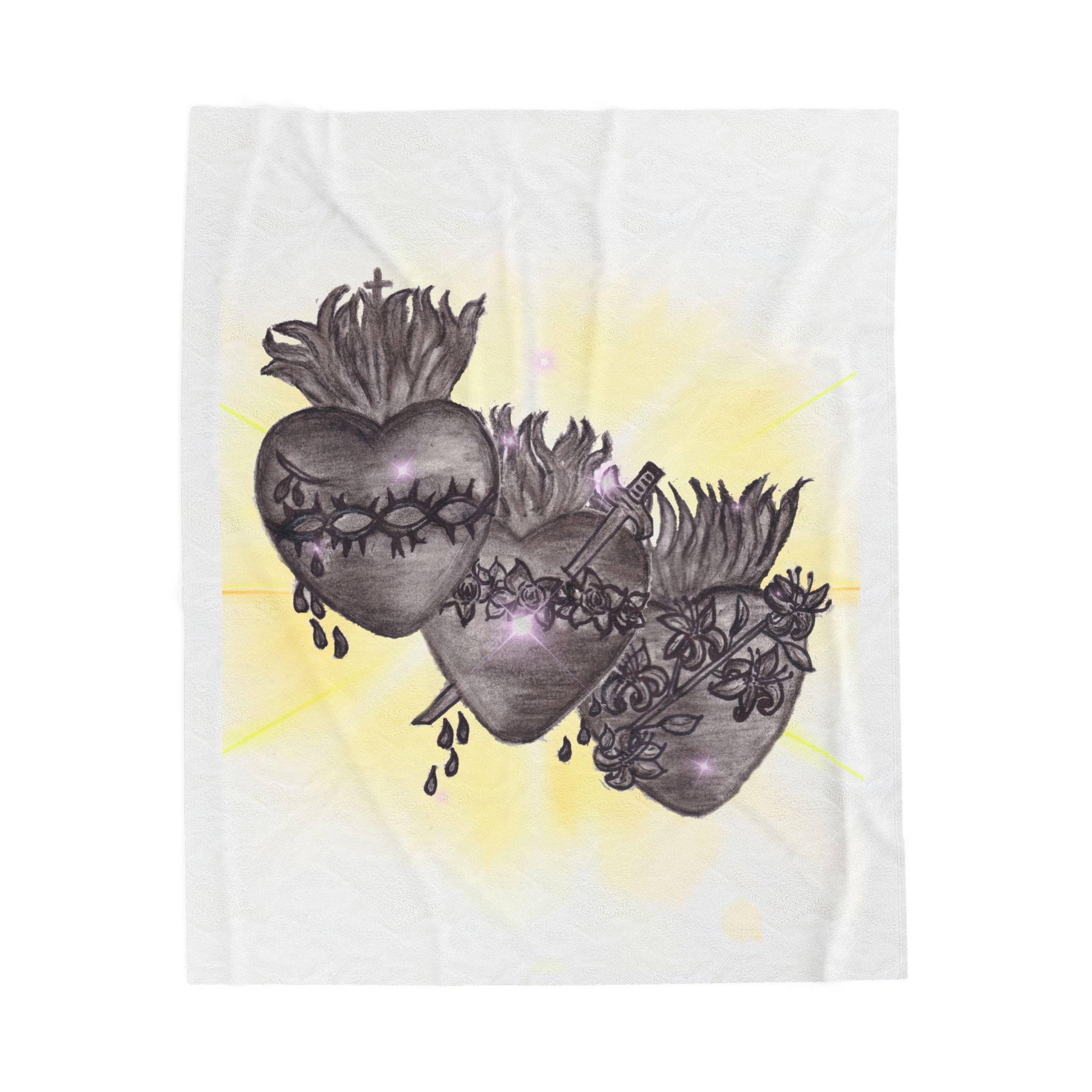 Jesus, Mary, Joseph Hearts Velveteen Plush Blanket — Hand-Drawn Devotional Hearts Design