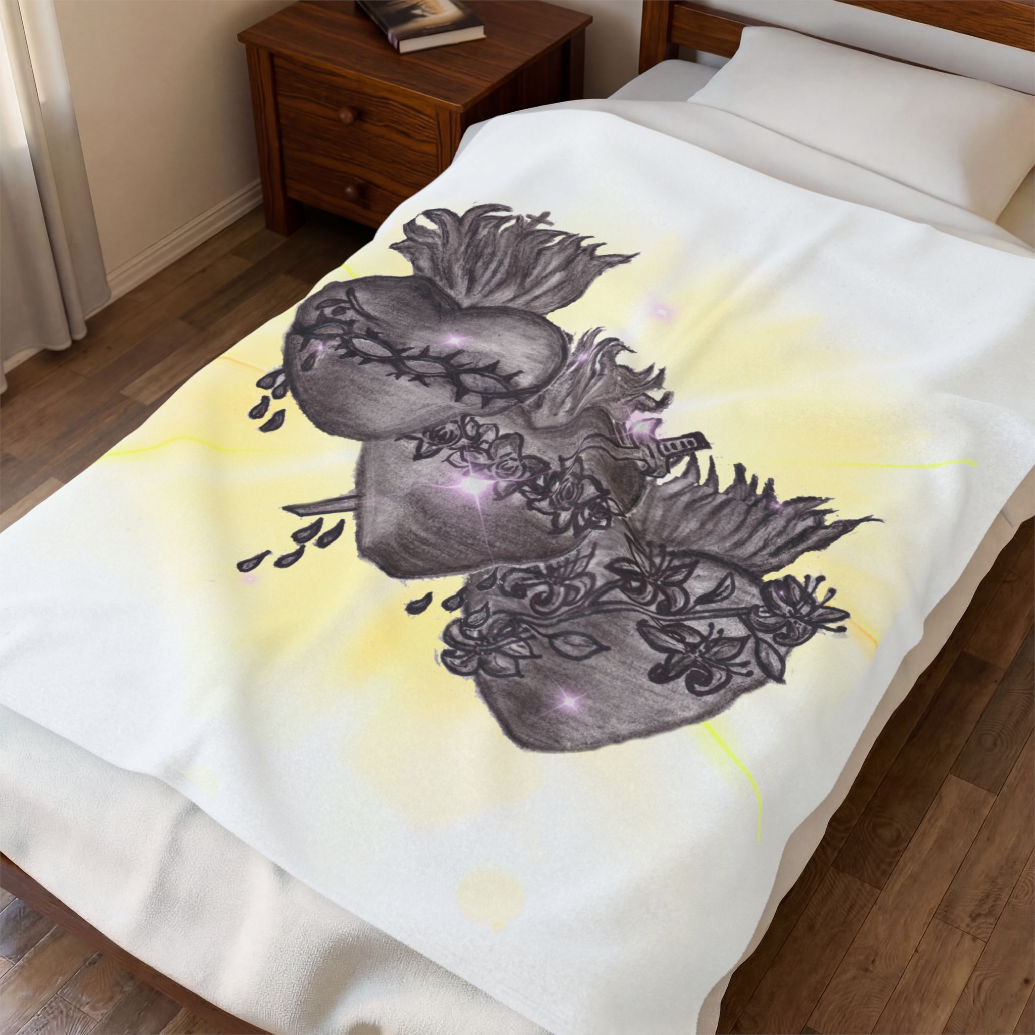 Jesus, Mary, Joseph Hearts Velveteen Plush Blanket — Hand-Drawn Devotional Hearts Design - Image 2
