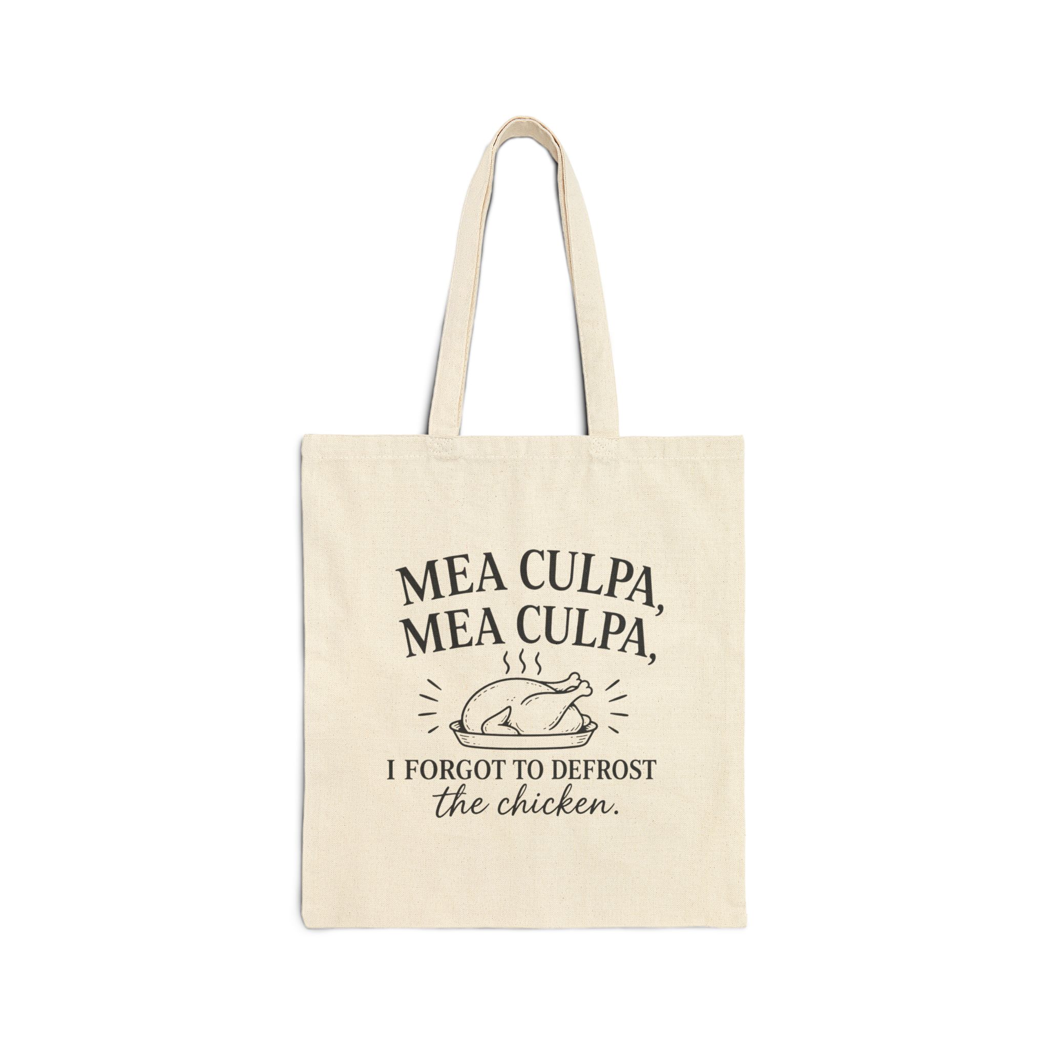 Tote Bag — "Mea Culpa, I Forgot to Defrost the Chicken" Funny Catholic Grocery Tote