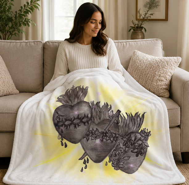 Jesus, Mary, Joseph Hearts Velveteen Plush Blanket — Hand-Drawn Devotional Hearts Design - Image 3