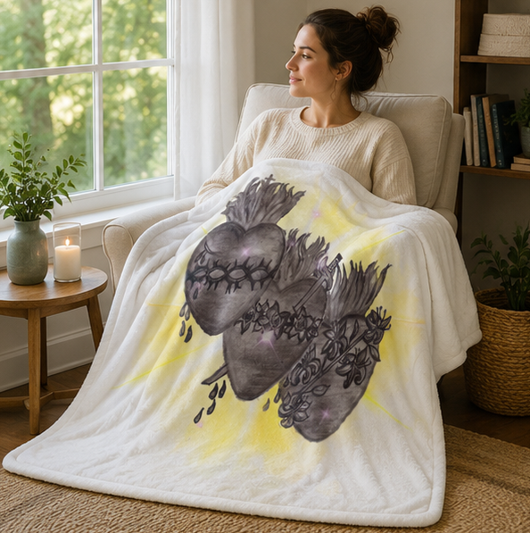 Jesus, Mary, Joseph Hearts Velveteen Plush Blanket — Hand-Drawn Devotional Hearts Design - Image 5