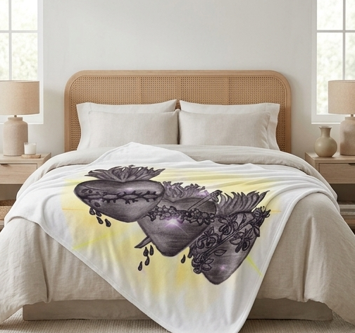 Jesus, Mary, Joseph Hearts Velveteen Plush Blanket — Hand-Drawn Devotional Hearts Design - Image 6