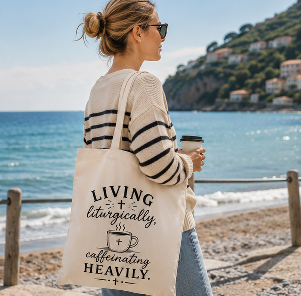 Tote Bag — "Living Liturgically, Caffeinating Heavily" Canvas Tote - Image 3