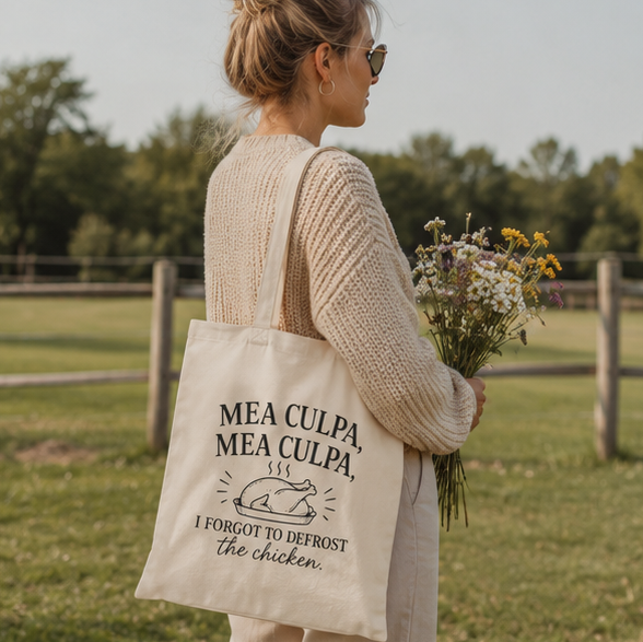 Tote Bag — "Mea Culpa, I Forgot to Defrost the Chicken" Funny Catholic Grocery Tote - Image 3
