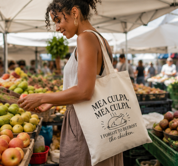 Tote Bag — "Mea Culpa, I Forgot to Defrost the Chicken" Funny Catholic Grocery Tote - Image 4