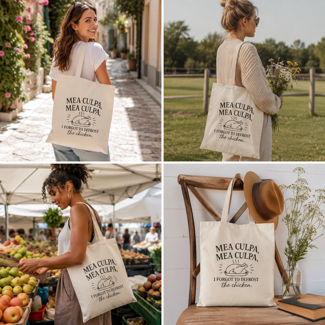 Tote Bag — "Mea Culpa, I Forgot to Defrost the Chicken" Funny Catholic Grocery Tote - Image 5