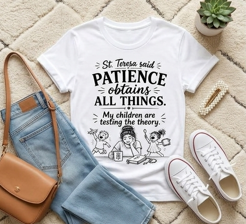 Patience Obtains All Things Tee — "My children are testing the theory" Catholic Parenting T‑Shirt - Image 4