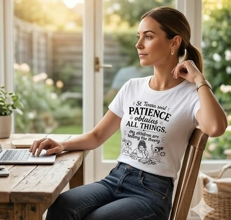 Patience Obtains All Things Tee — "My children are testing the theory" Catholic Parenting T‑Shirt - Image 6