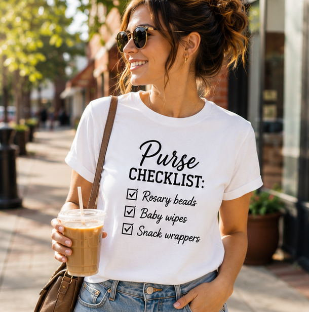 T-Shirt — "The Catholic Purse Checklist: Rosary Beads, Baby Wipes, Snack Wrappers" - Image 6
