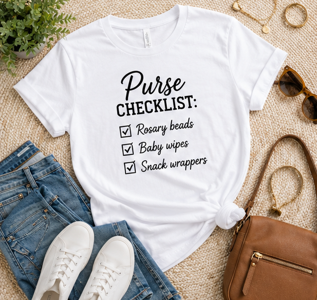 T-Shirt — "The Catholic Purse Checklist: Rosary Beads, Baby Wipes, Snack Wrappers" - Image 4