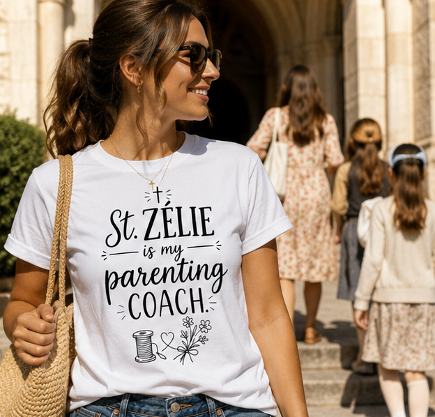 St. Zélie Is My Parenting Coach Catholic T-Shirt - Image 4