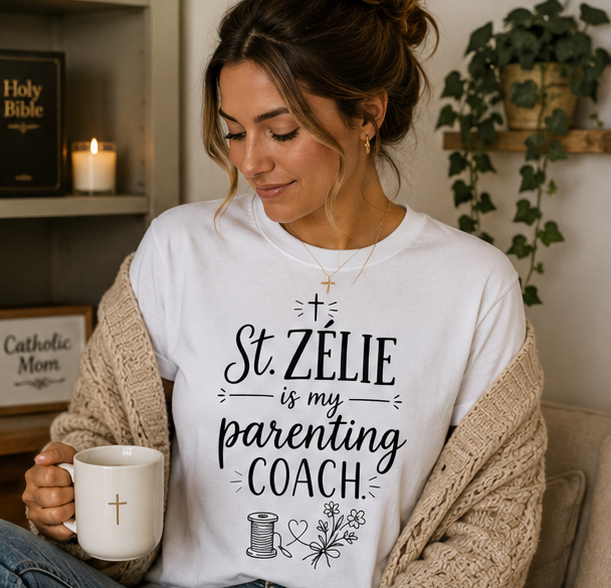 St. Zélie Is My Parenting Coach Catholic T-Shirt - Image 6