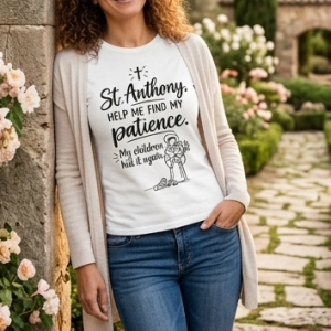 St. Anthony 'Help Me Find My Patience' T-Shirt — Funny Catholic Mom Tee