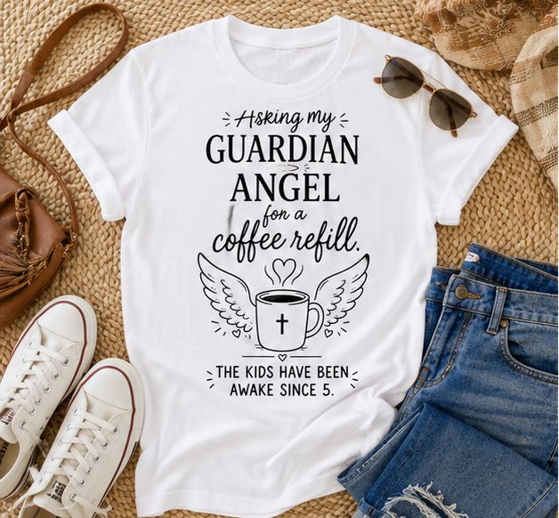 Catholic Guardian Angel Coffee Tee — “Asking My Guardian Angel for a Coffee Refill” - Image 5