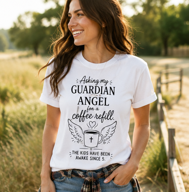 Catholic Guardian Angel Coffee Tee — “Asking My Guardian Angel for a Coffee Refill” - Image 6