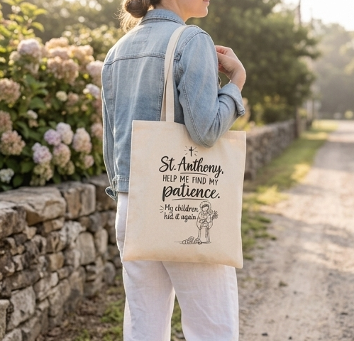 Tote Bag — "St. Anthony, Help Me Find My Patience" Cotton Canvas Shopper - Image 3