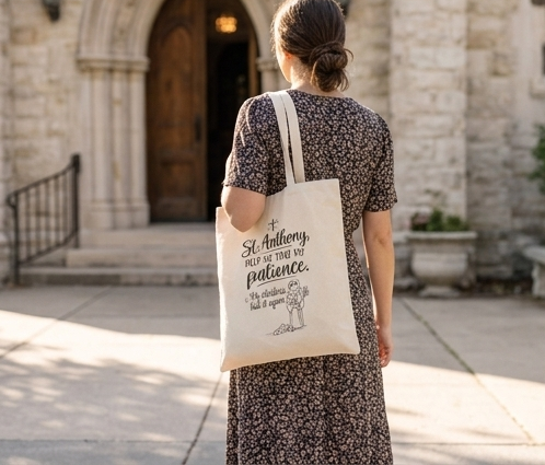 Tote Bag — "St. Anthony, Help Me Find My Patience" Cotton Canvas Shopper - Image 5